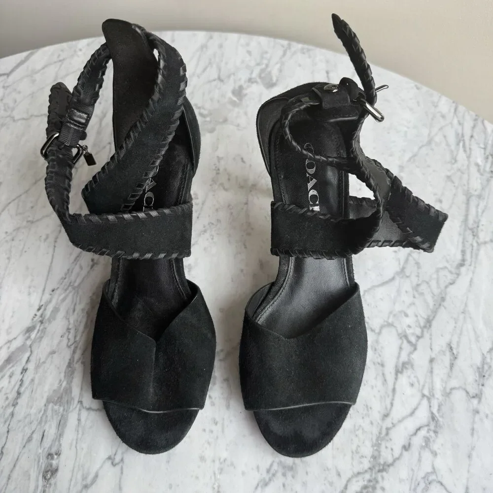 Coach Women's Henny Sandal Ankle Strap Heel Open Toe Black Suede Dressy 6 B